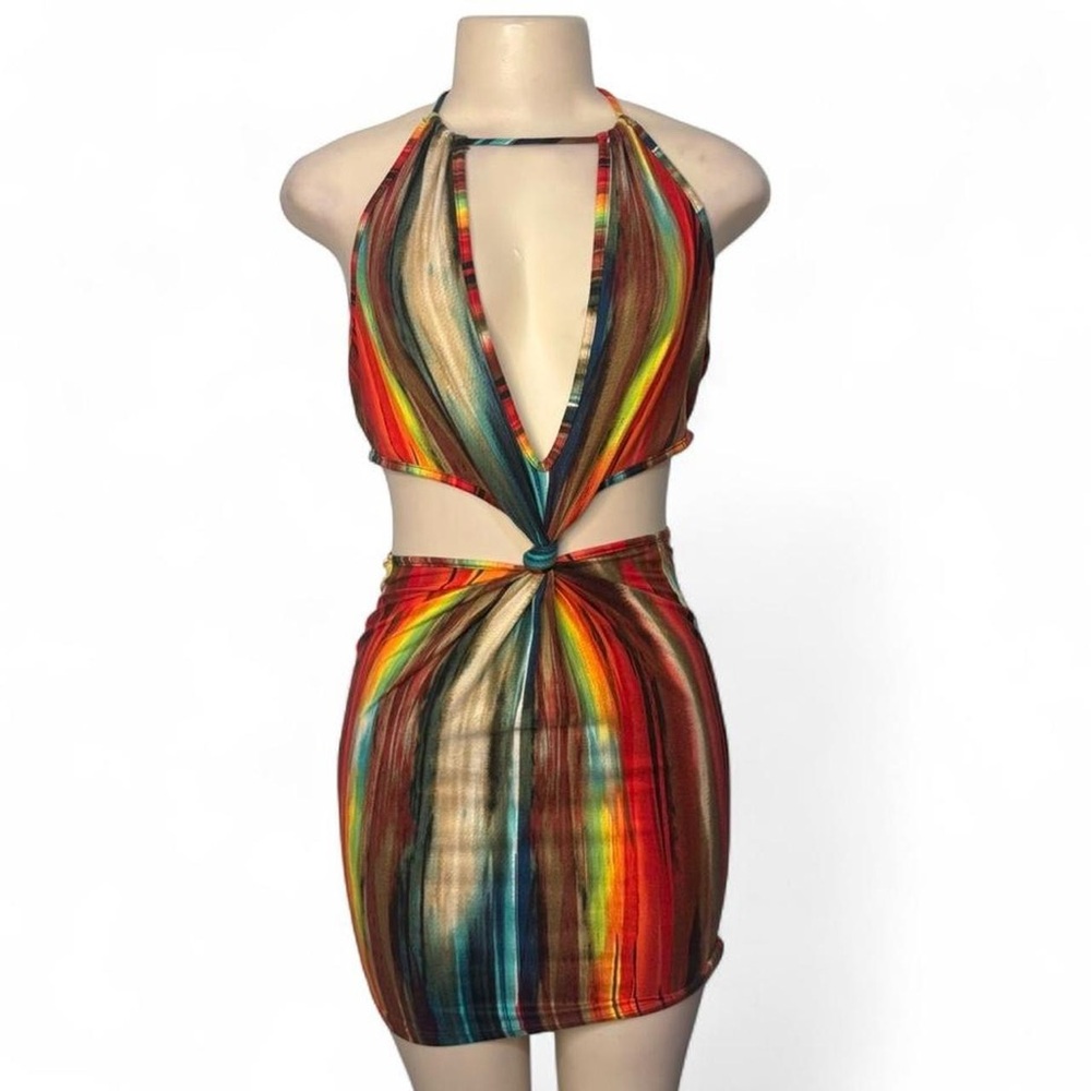 Rainbow Watercolor Halter bodycon dress with cut out detail